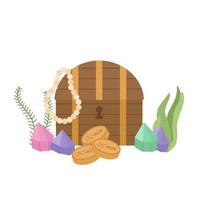 An old treasure chest. Pirate coins, stones, diamonds, jewelry. Vector illustration of treasure hunting.