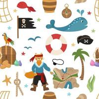 Seamless pirate pattern with Captain cat black flag, coins, saber, jewelry, map, fish, lighthouse. Vector illustration of sea voyages and treasure hunting.