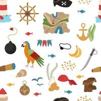 Seamless pirate pattern with black flag, coins, saber, jewels, map, fish, lighthouse. Vector illustration of sea voyages and treasure hunting.