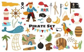 Pirate set of elements. Captain, flag, coins, saber, jewels, map, fish, whale, lighthouse. Vector illustration of sea voyages and treasure hunting.