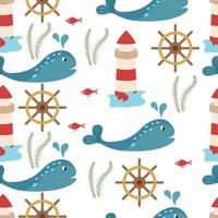 Seamless marine pattern with whales, lighthouse, steering wheel, algae and fish on a white background. Vector illustration of sea voyages for printing on paper or fabric, packaging
