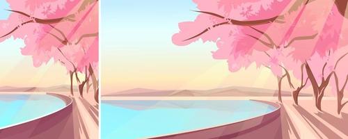 Blooming sakura on lake bank. Nature landscape in different formats. vector