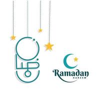 Ramadan Kareem greeting card template. Flat style simple design concept. with the crescent moon, star and calligraphy which means Ramadan. vector