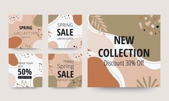 Spring sale banner. Organic shape collection. Minimal cover and background. Social media post and template with organic shape. Abstract design. Hand drawn. Vector illustration.