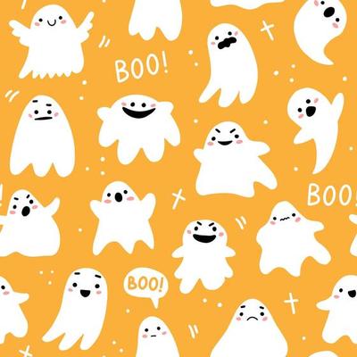Seamless pattern with cute ghosts and lettering in cute cartoon doodle style on a yellow background. Vector illustration background for halloween.