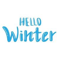 Hello winter lettering in cartoon style. Vector text illustration. Happy new year and merry christmas.