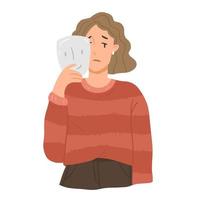 Sad young woman hides behind a cheerful mask. Vector illustration of mental health.