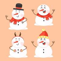 conjunto de lindos muñecos de nieve de dibujos animados en estilo plano. ilustración vectorial de invierno con personajes aislados en el fondo. vector