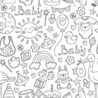 Black and white vector seamless pattern with doodle elements on the theme of the birth of a child. Baby print with cute elements.