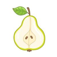 Ripe pear cut with a leaf in cartoon style. Vector isolated illustration.