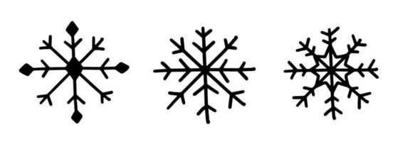 A set of three different hand draw snowflake icons. Vector illustration isolated on background.