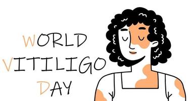 World vitiligo day poster. A smiling woman with problematic vitiligo skin in a doodle style. Vector illustration.