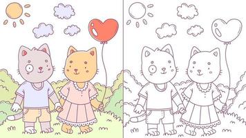 Children's cartoon coloring book with a couple of cats in love on a walk. Vector illustration.