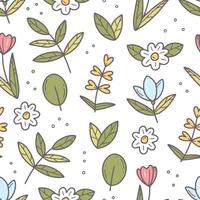 Spring seamless doodle pattern with flowers. Vector illustration background.