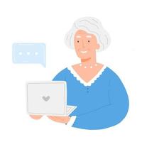 Happy grandmother with laptop. An elderly woman sits and communicates in a laptop. Vector illustration with person character.
