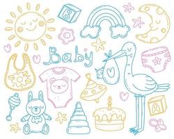 Multicolored set with elements on the theme of the birth of a child in a simple cute doodle style. Vector baby illustration isolated on background.