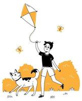 A joyful child plays with a kite and a dog. Vector illustration with a boy in a linear doodle style.