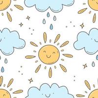 Spring seamless doodle pattern with sun and clouds. Vector illustration background.