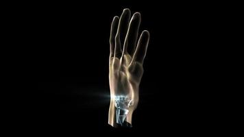Medizinische 3D-Animation einer menschlichen Hand und Knochen mit Lichteffekten.