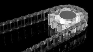 Bicycle chain is attached to the sprocket or gear. Made of translucent plastic. Spinning on black background. Animation seamless loop, 3D Render. video
