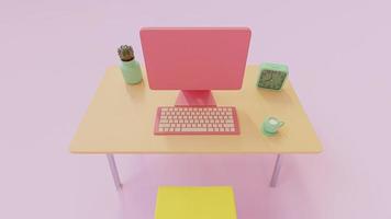 mesa laranja e cadeira amarela no quarto rosa. computador laranja-rosa na mesa e acessórios verdes. conceito de mesa de escritório brilhante. animação, renderização 3d.