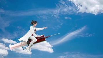 Beautiful nurse riding a large syringe pointing to the front. Inside is full of red vaccines. on the bright sky as background. Animation cartoon characters and Copy space for your text, 3d rendering. video