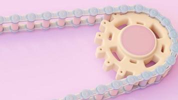 Blue bicycle chain is attached to yellow sprocket or gear. Made of plastic on pink background. Copy space for your text. Animation, 3D Render video