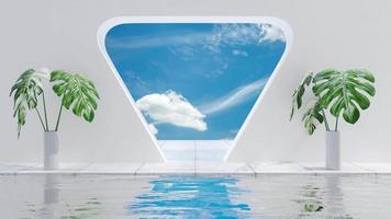 White Wall with triangular door behind clear sky background for your text. front has reflection from   water. Animation water and sky are moving. 3d Render. video