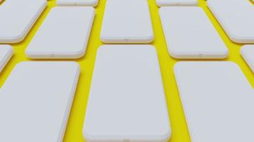 maquette de smartphone blanc sur fond jaune. le téléphone mobile se déplace dans des directions opposées. boucle parfaite d'animation et cache alpha, 4k. concept d'idée minimale, rendu 3d.