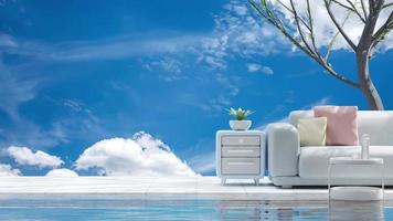 Blue Sofa with yellow and pink pillow in front blue sky, with plant beside it. Side light shadows the trees. Space for banner and logo background. Animation water and sky are moving. 3d Render. video