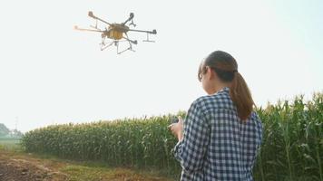 Smart Farmer mit Drohnen, die Dünger und Pestizide über Ackerland sprühen, Hightech-Innovationen und Smart Farming