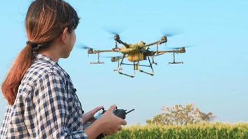 agricoltore intelligente con drone che spruzza fertilizzanti e pesticidi su terreni agricoli, innovazioni ad alta tecnologia e agricoltura intelligente video