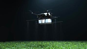 Drone spraying fertilizer on vegetable green plants, Farm automation video