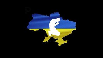 Pray for Ukraine. Silhouette of Man Praying inside Map and Flag
