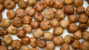 Fresh hazelnut harvest scattered on the table. video