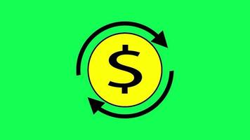 video de ilustración de circulación de dinero, flecha siempre giratoria y círculo de moneda amarilla con signo de dólar, 4k 60 fps