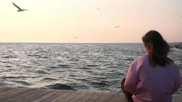 vrouw zittend op de pier op het strand video