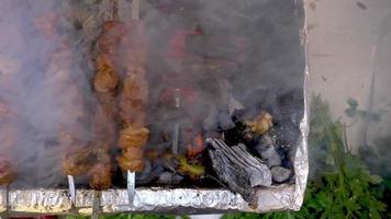 straßenhändler, der fleischschaschlik auf holzfeuer kocht video