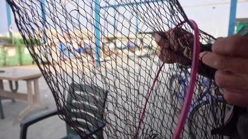 il pescatore ripara la rete pieghevole della trappola per pesci nel mare video