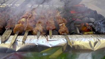 straatverkoper kookt vlees shish kebab op houtvuur video