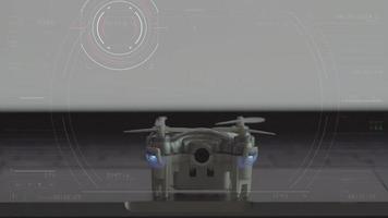 concepto de transporte futurista. micro drone despega de una computadora portátil con interfaz de piloto de cabina virtual video