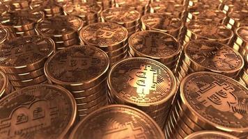 pila de moneda criptográfica de bitcoins de oro, representación 3d de 4k