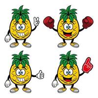 Set of collection cute smiling pineapple cartoon character. Vector illustration isolated on white background