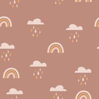 Bohemian rainbow pattern. Childish vector seamless pattern with sky, clouds, rain. Cute hand-drawn illustration in scandinavian style. pastel colors ideal for baby clothes, textiles.