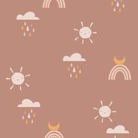 Bohemian rainbow pattern. Childish vector seamless pattern with sky, clouds, rain, sun, moon. Cute hand-drawn illustration in scandinavian style. pastel colors ideal for baby clothes, textiles.