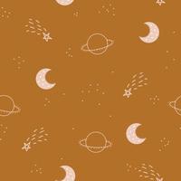 Cute seamless pattern of childish starry sky. Moon with stars in the background. Vector simple children's hand drawn background in cartoon style.