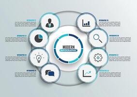 Vector infographic template with 3D paper label, integrated circles. Business concept with 8 options. For content, diagram, flowchart, steps, parts, timeline infographics, workflow, chart.