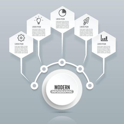 Modern infographic template with 3D paper label, integrated circles. Business concept with 5 options. For content, diagram, flowchart, steps, parts, timeline infographics, workflow layout, chart