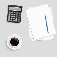 Business Concept. Realistic papers with Pencil and Cup of Coffee on Blue Background. Vector Illustration