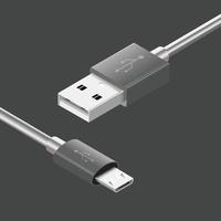 Micro USB cables on dark background. Connectors and sockets for PC and mobile devices. Computer peripherals connector or smartphone recharge supply vector